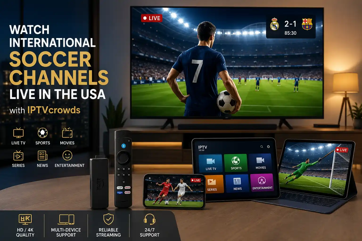 International soccer channels live streaming in the USA on Smart TV, Firestick, mobile and laptop with IPTVcrowds