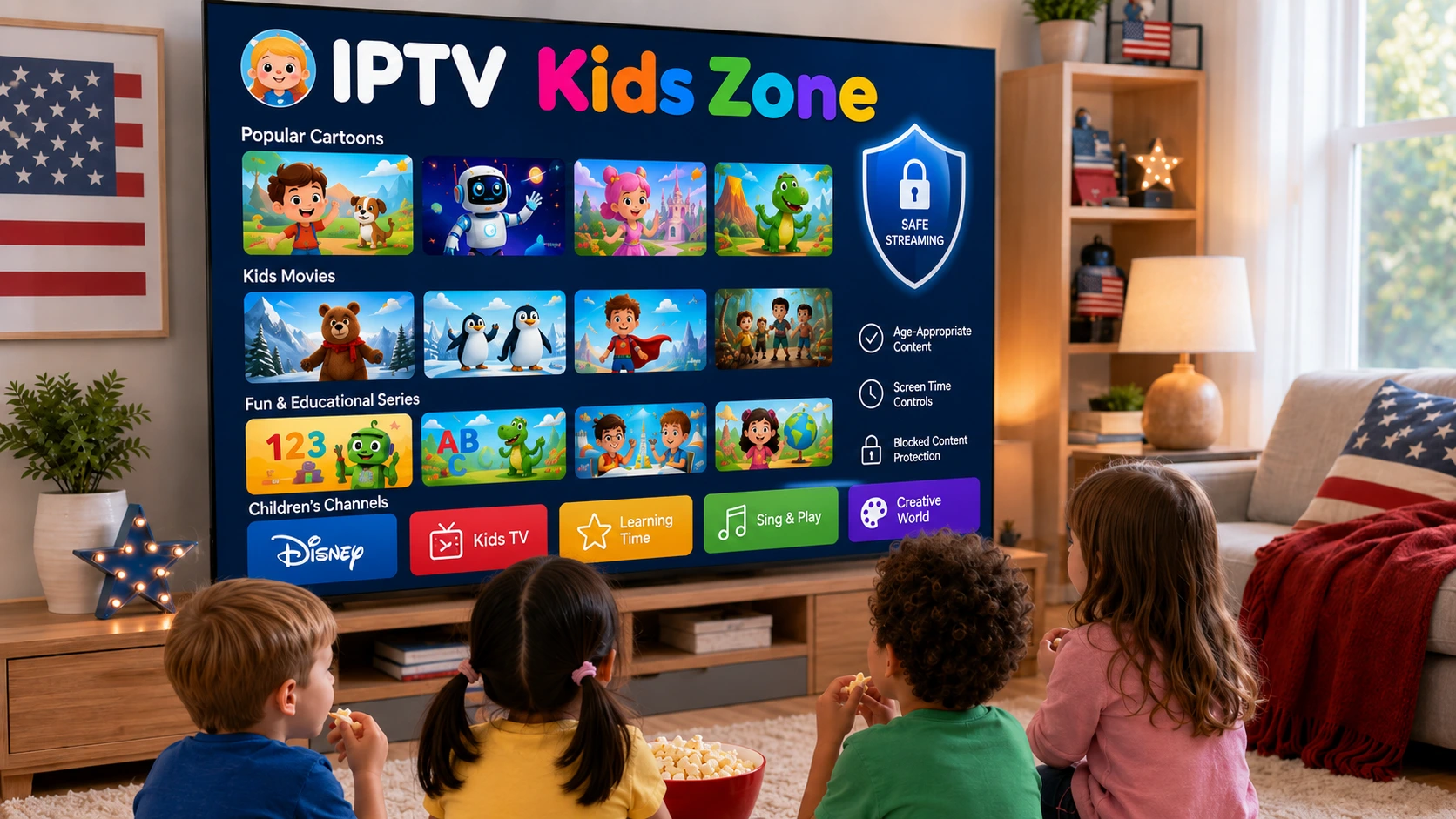 Safe streaming for kids with cartoons movies and series on Smart TV Firestick tablet and mobile devices in the USA