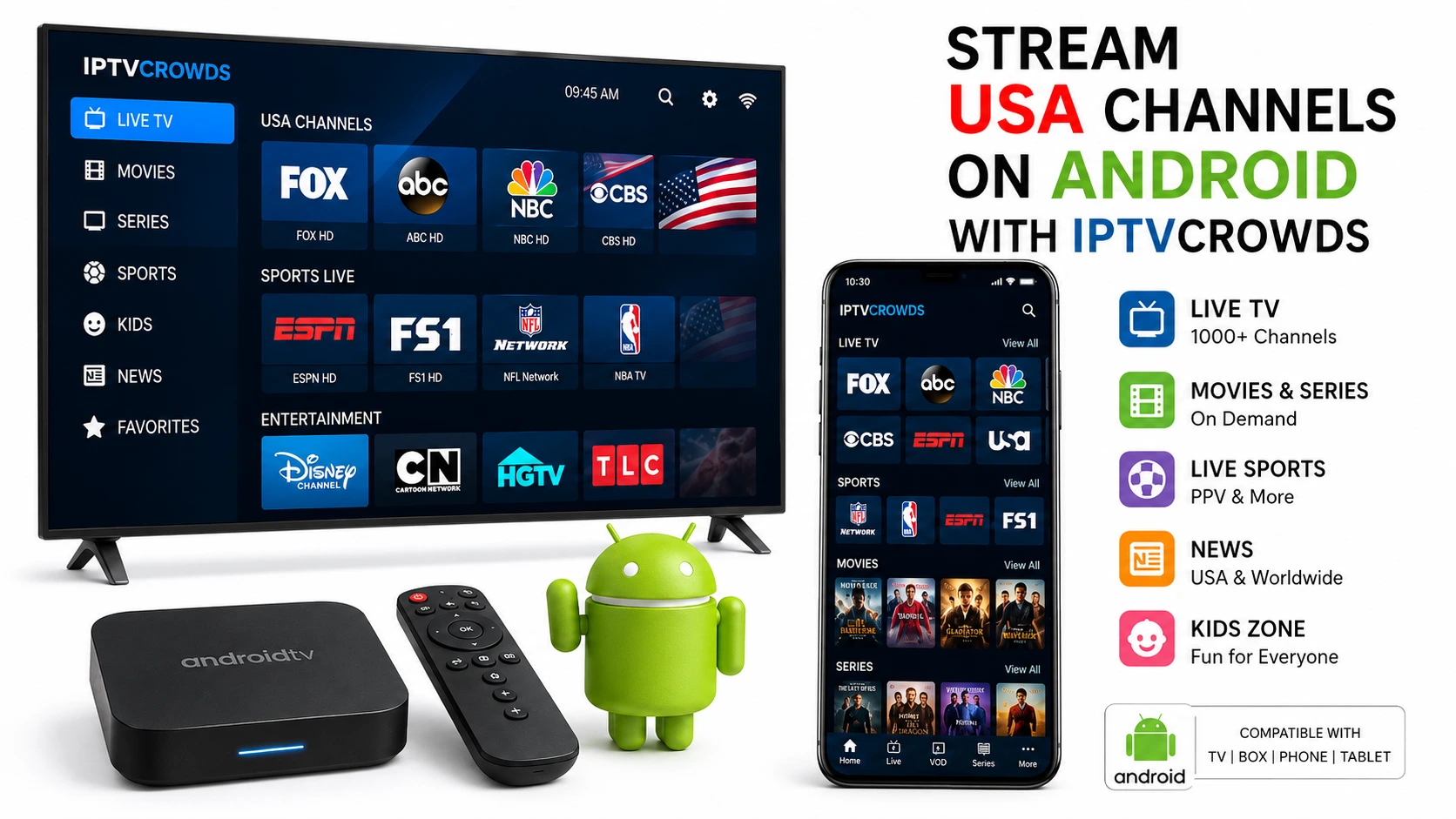 USA channels streaming on Android TV Android box mobile and tablet with IPTVcrowds