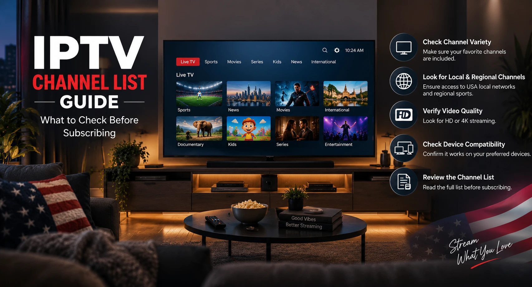 IPTV channel list guide for USA viewers checking live TV sports movies series news kids content and international channels before subscribing
